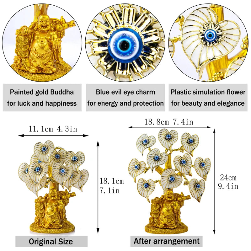 H&D Turkish Evil Eye Tree With Painted Golden Buddha Statue Money Tree Showpiece Home Office Decor for Wealth Health Good Luck