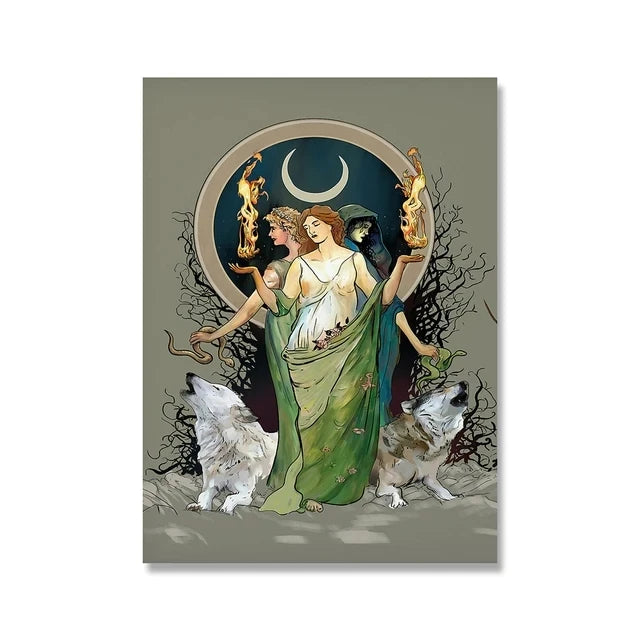 Retro Moon Hecate Goddess Greek Mythology Canvas Painting Prints Mysterious Hecate Witchy Wall Art Pictures For Home Room Decor