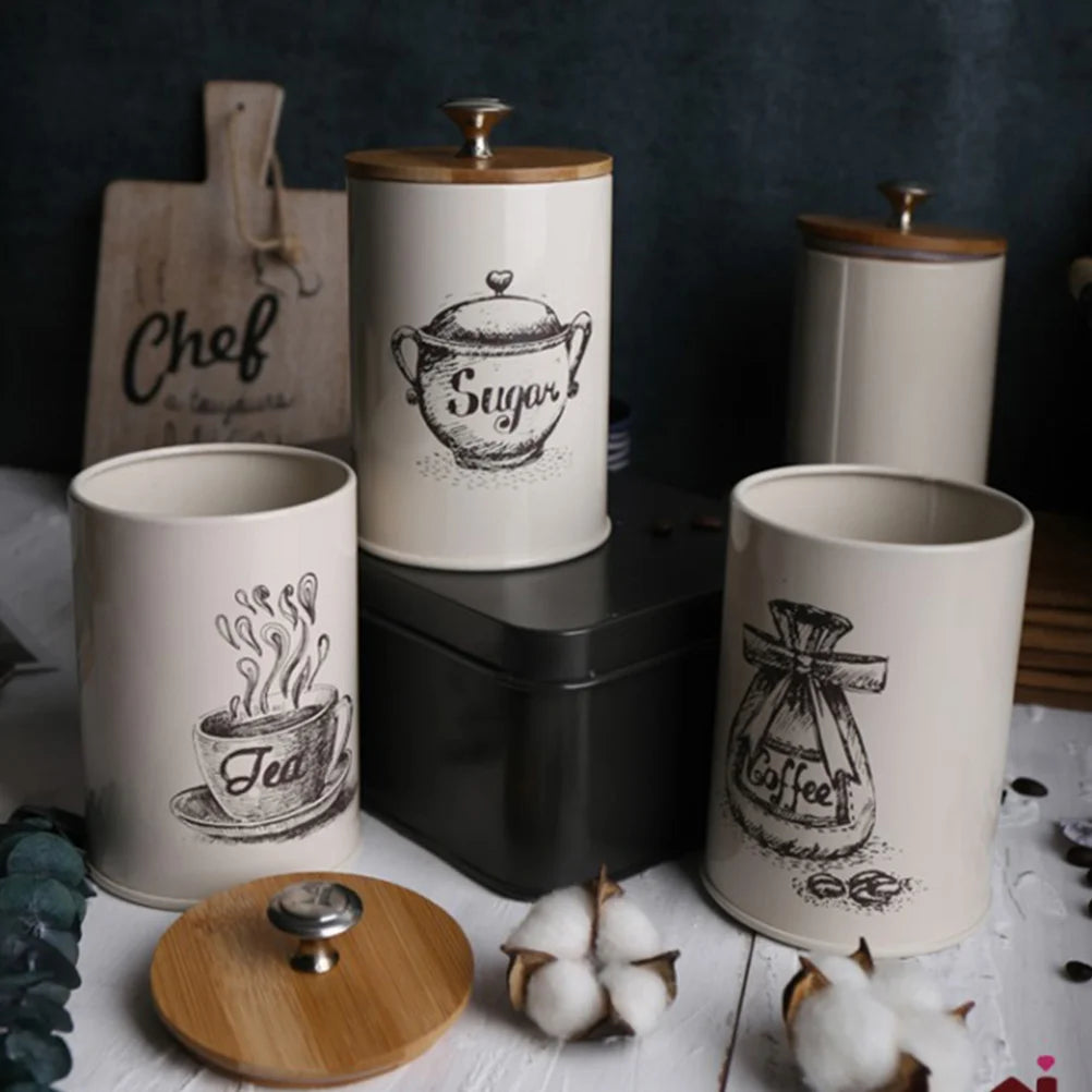 3 Pcs Storage Tank Tea Can Sugar Jar Coffee Jars Food Containers Cans with Covers Kitchen Galvanized Iron Leaf Seal