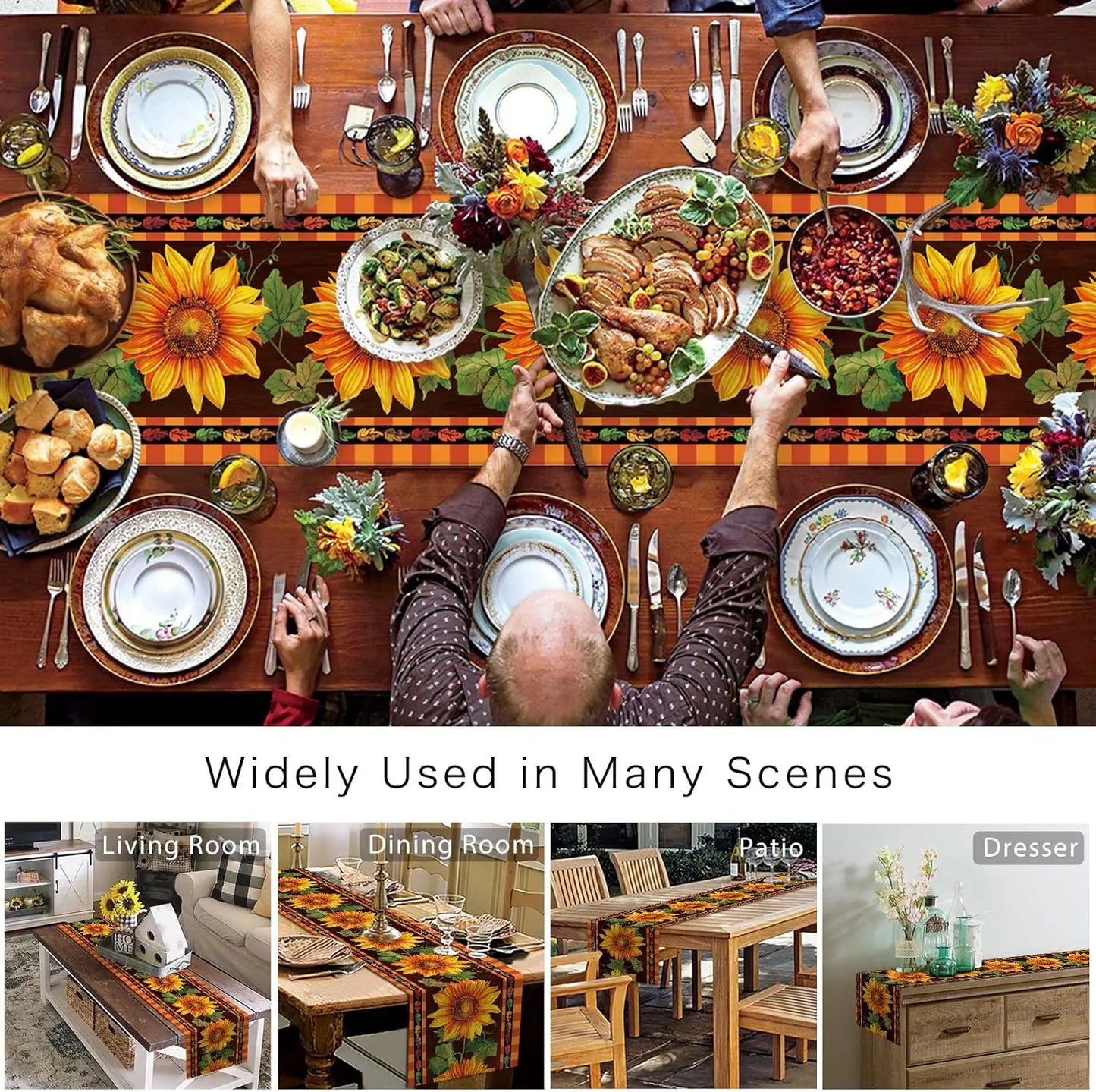 Autumn Sunflower Buffalo Plaid Linen Table Runner Fall Leaves Orange Dresser Scarf for Holiday Wedding Party Kitchen Table Decor