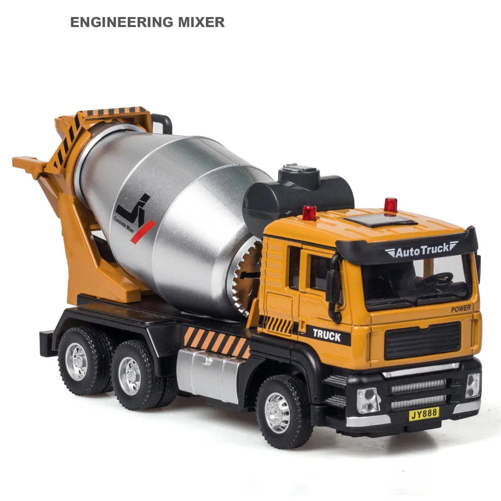 1/50 Scale Mixer Truck Toy Models Cars with Light Music Excavator Wheel Pull Back Engineering Vehicles for Kids Birthday Present