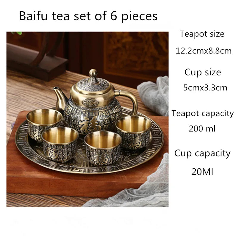 6-piece European-style bronze tea set retro metal teapot teacup set alloy teacup wine glass with tray teapot birthday gift box