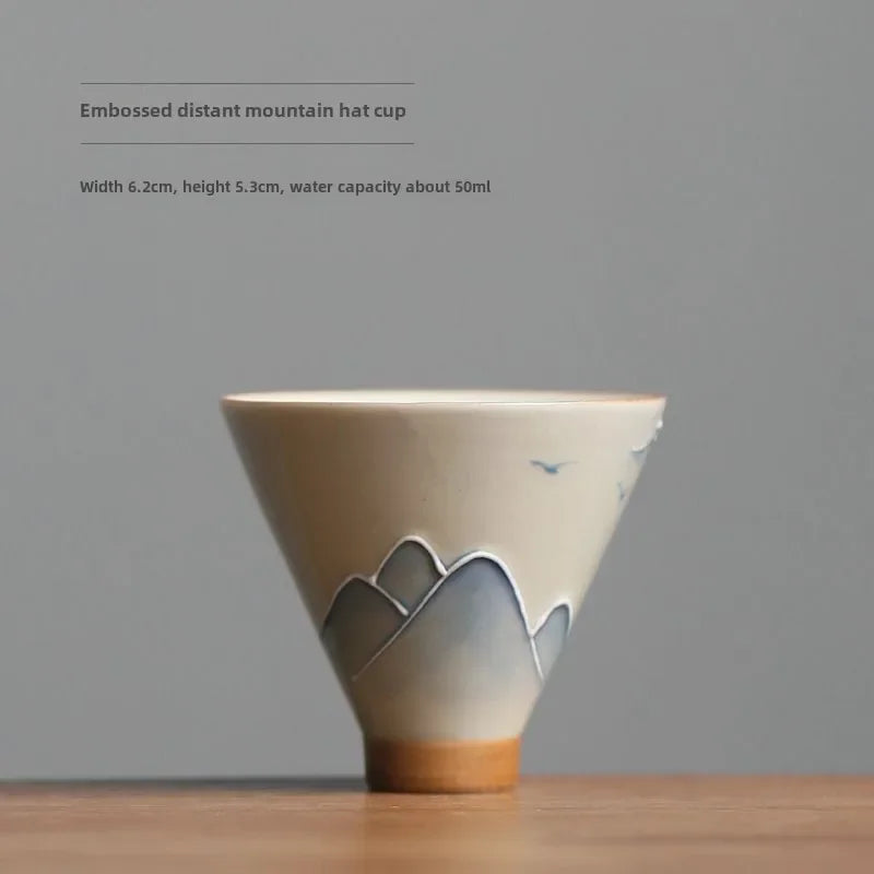 Hand drawn grass gray ceramic underglaze colored mountain and water hat tea cup Kung Fu tea set tea drinking tea single cup