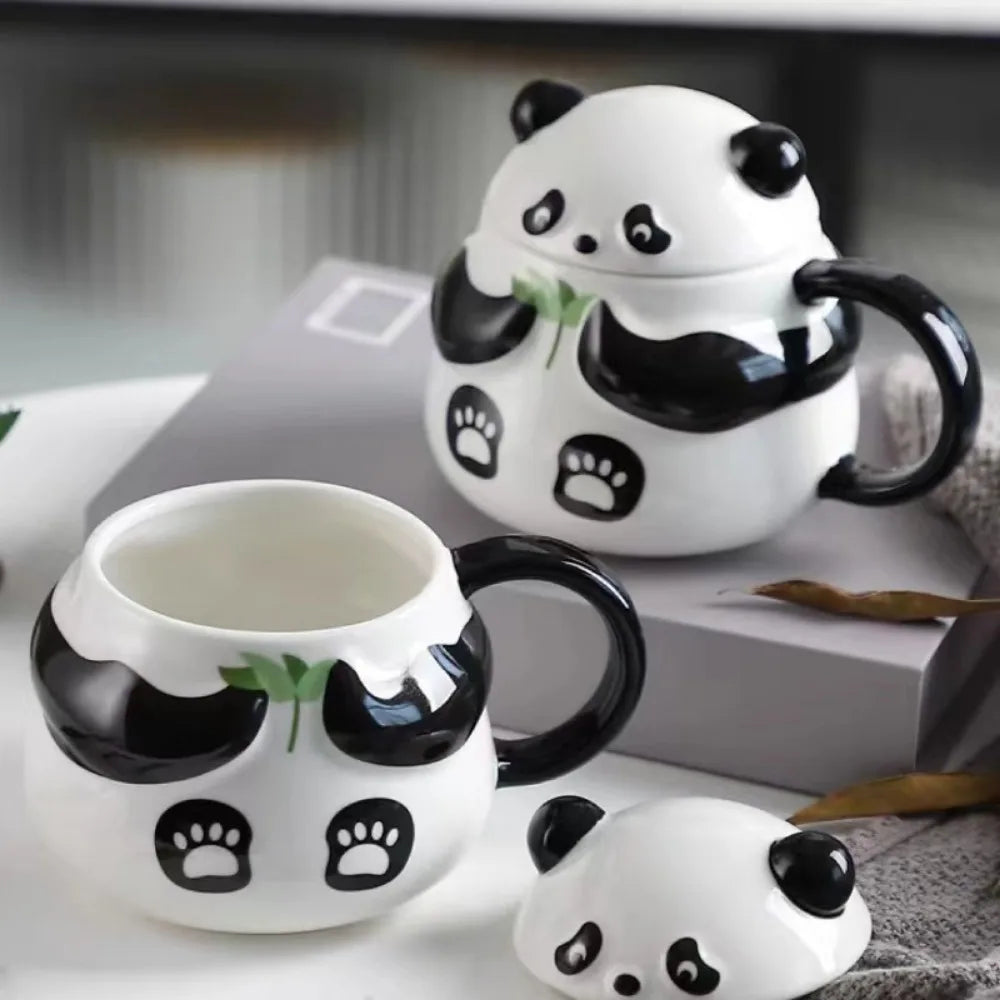Creative Relief Ceramic Mug With Lid Spoon Cute Cartoon Animal
