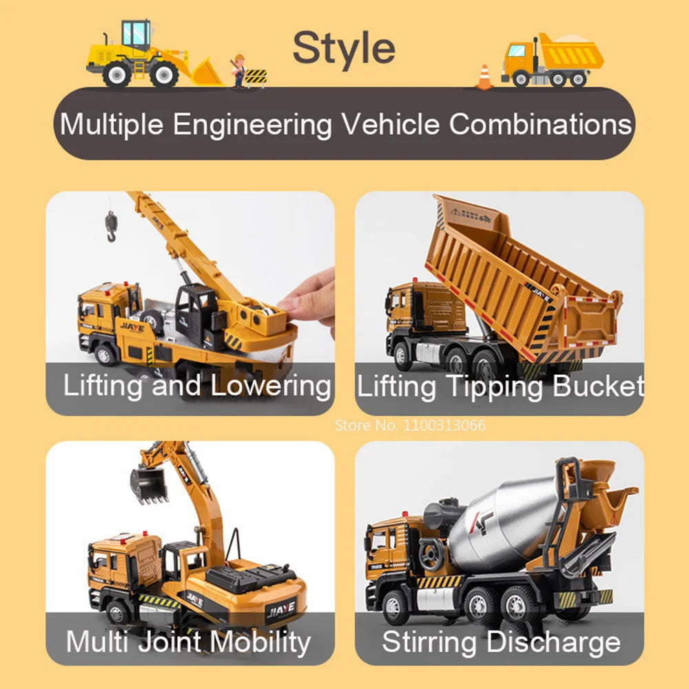 1/50 Scale Alloy Diecast Crane Cars Models Toy with Light and Music Wheel Pull Back Engineering Vehicles Boys Educational Toys