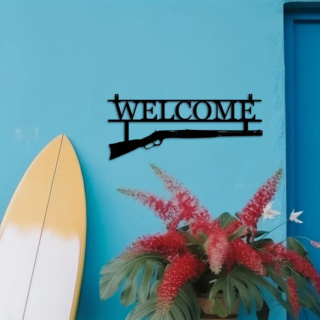 Welcome Sign Home Decor with A Unique Metal Gun Design Sign Hunting Lovers Wall Hanging Decor Metal Wall Mounted Art Livingroom