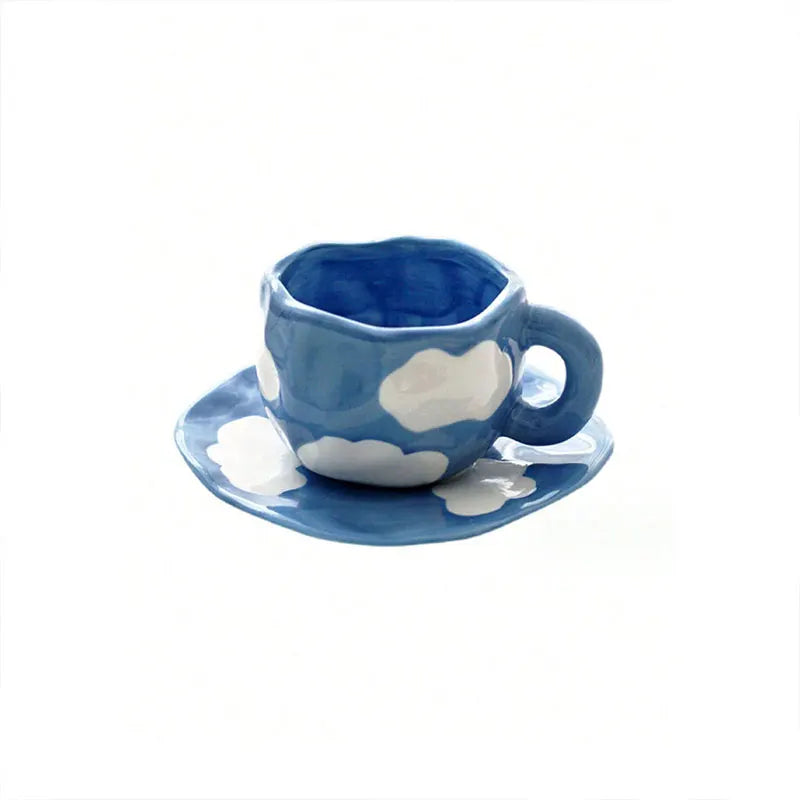1 Set Blue Sky And White Clouds Ceramic Mug With Tray Flower Hand-Painted Striped Ceramic Cup And Plate Set Coffee Cup Set