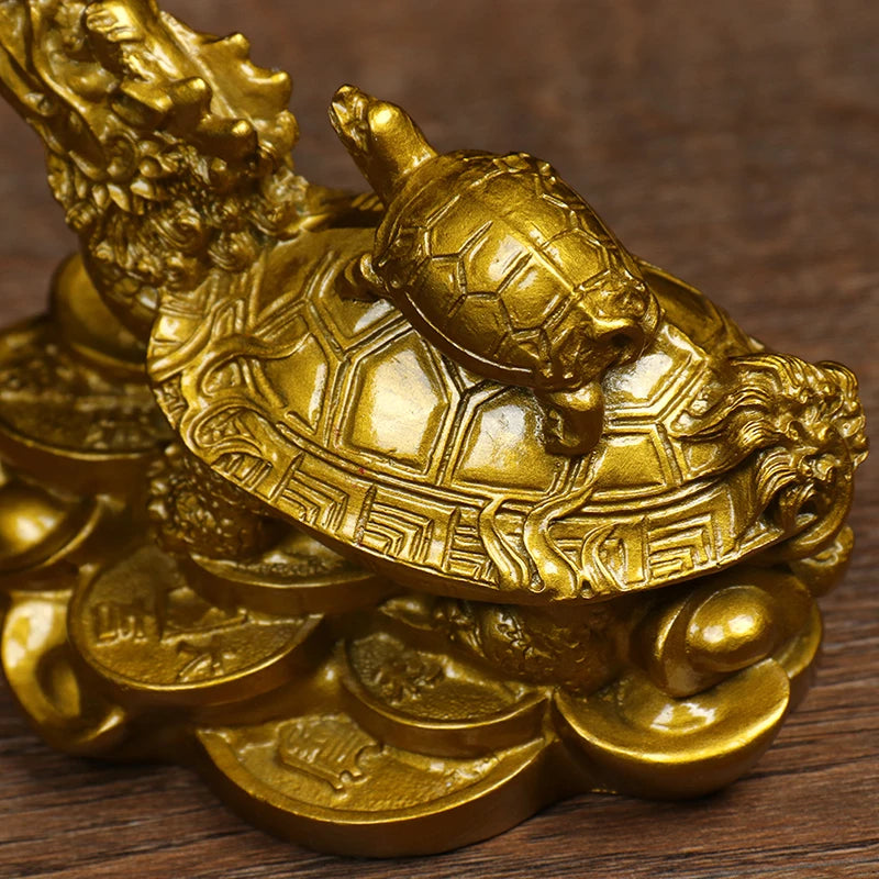 1Pc Gold Feng Shui Dragon Turtle Tortoise Statue Figurine Coin Money Wealth Luck