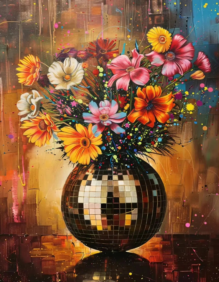 Retro Abstract Oil Painting Disco Sequin Crystal Ball Flower Potted Plant Poster Canvas Prints Art For Home Room Wall Decoration
