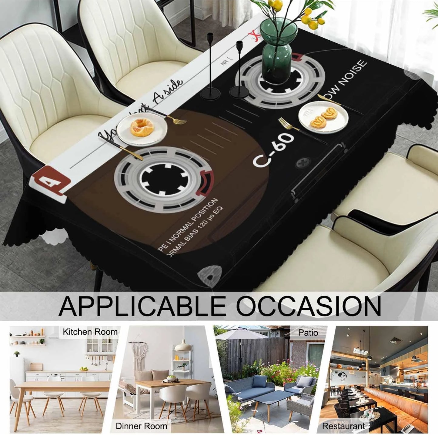 Retro Audio Cassette Rectangle Tablecloth Home Party Decor Tape Kitchen Dining Waterproof Table Cloth Picnic Camping Table Decor