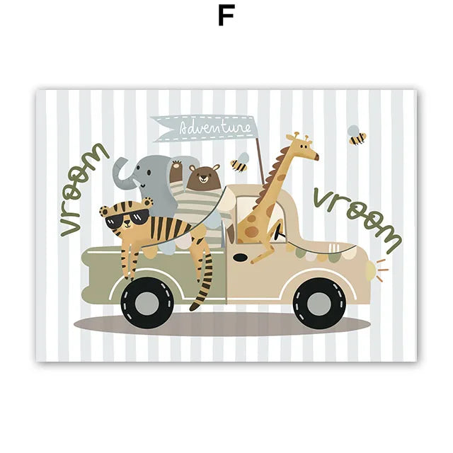 Kawaii Tiger Lion Giraffe Car Custom Baby Name Nursery Wall Art Canvas Painting Posters And Prints Pictures Baby Kids Room Decor