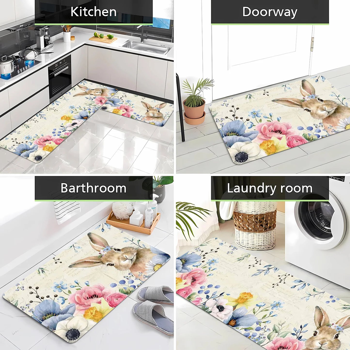 Happy Easter Spring Rabbit Flowers Kitchen Floormats Living Room Balcony Hallway Entrance Rugs Bathroom Toilet Non-slip Door Mat