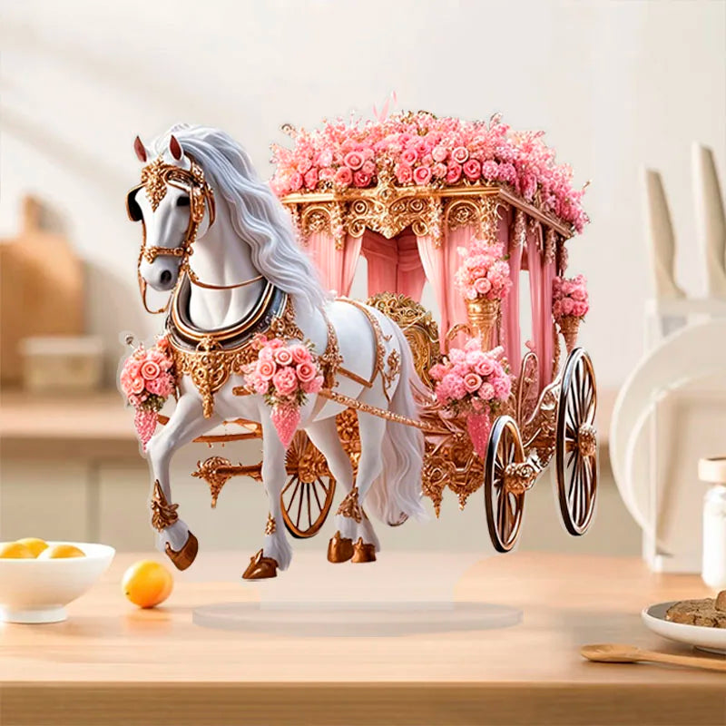 1pc Boho Style Acrylic White Horse Carriage Statue Multipurpose Tabletop Decor for Home Office Garden Romance Display Sculpture