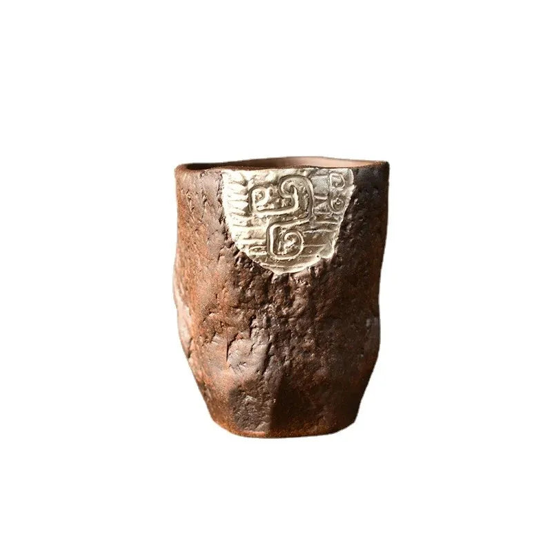 Gilt Silver Totem Master Cup Vintage Rough Pottery Tea Cup Kung Fu Tea Cup Handmade Ceramic Tea Set Single Cup Tea Jar