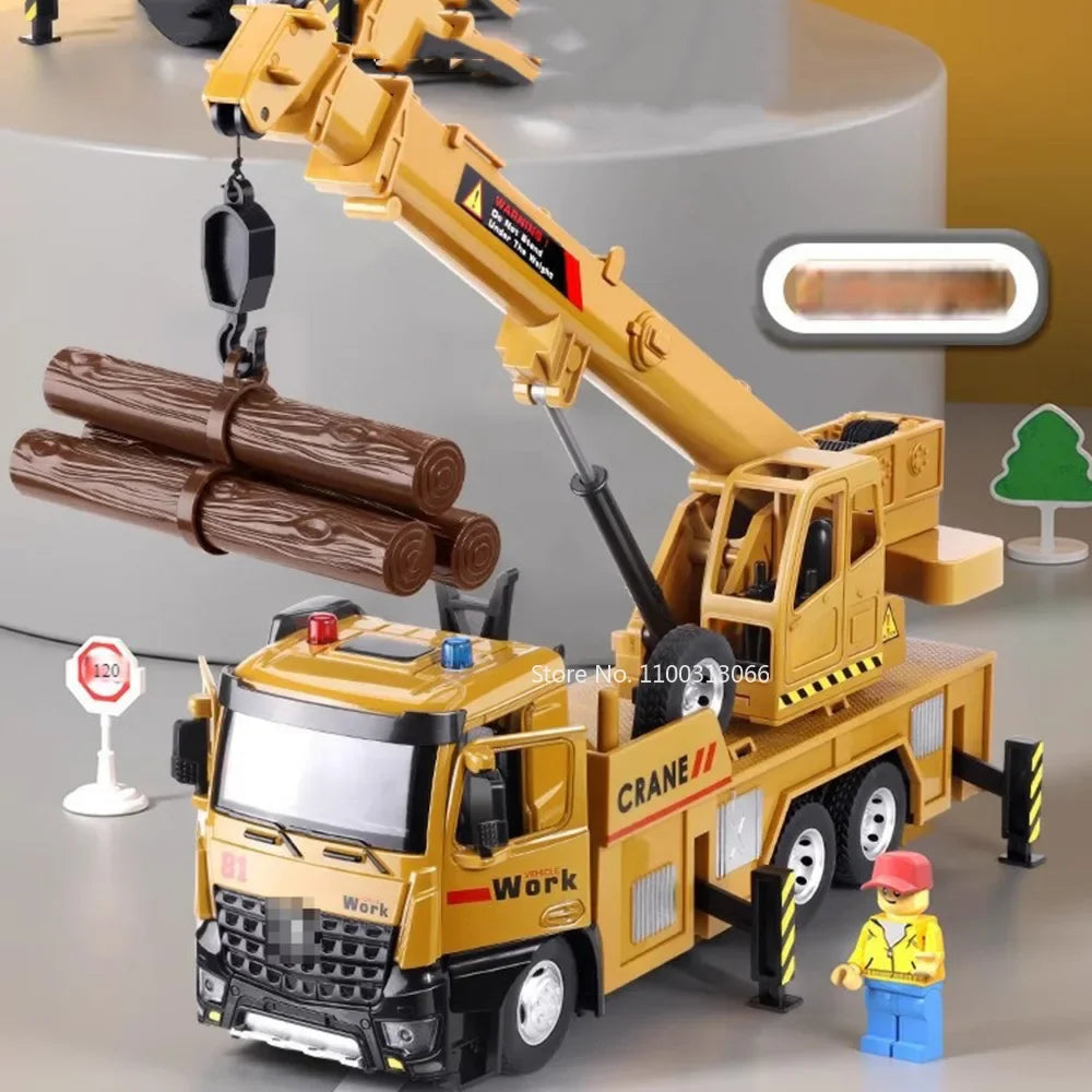 1:18 Metal Diecast Engineering Vehicles Model Toys Rubber Tires with Light&Sound Large Crane Models for Children Education Toy