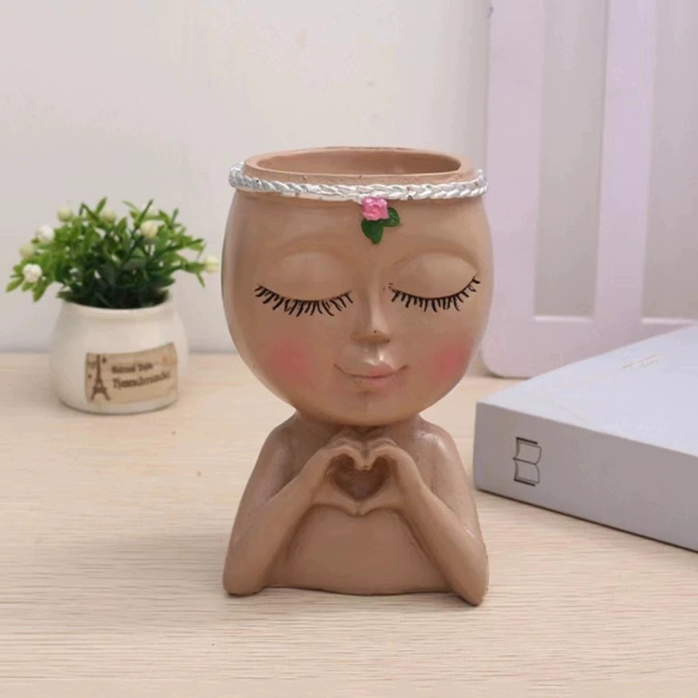 Creative Elegant Girl Meditation Potted Plant Embellishment Pink Rose Face Vase Indoor Outdoor Garden Decoration