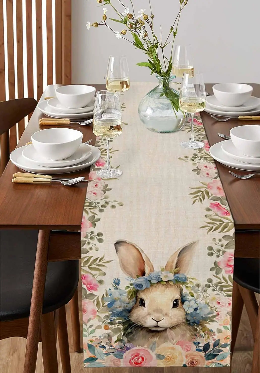 Easter Rabbit Bunny Rose Linen Flowers Table Runner Holiday Party Decor Spring Floral Botanical Table Runners Easter Decorations