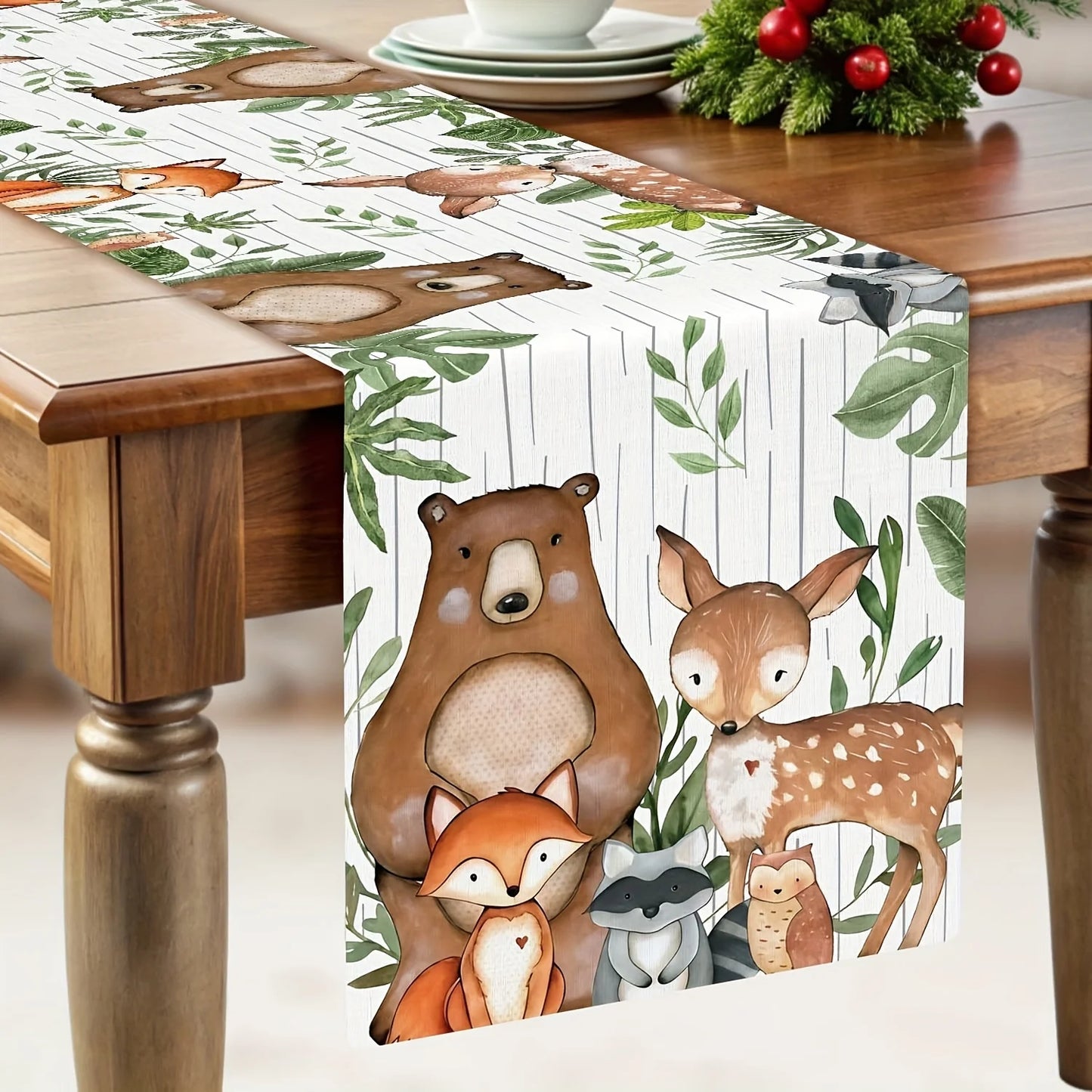 Woodland Animals Linen Table Runner Birthday Party Decor Forest Bear Fox Deer Green Leaves Table Runners Dining Table Home Decor