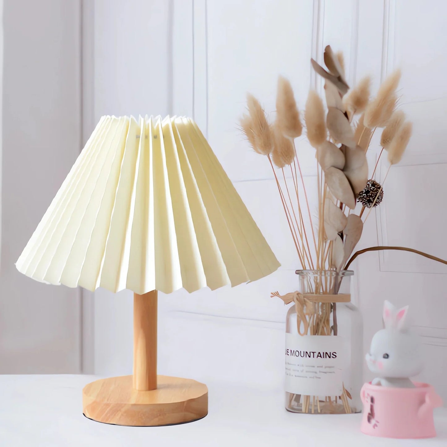 Pleated Bedroom Bedside Lamp Nordic Style Solid Wood Night Lamp Homestay Ambient Lamp Decorative Table Lamp USB Rechargeable
