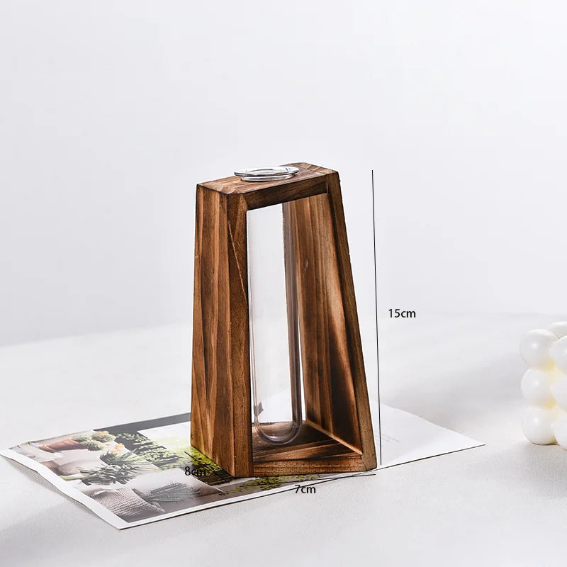 Creative Wooden Hydroponic Vase Plant Vase Retro Vase Transparent Vase Desktop Plant Home Decoration