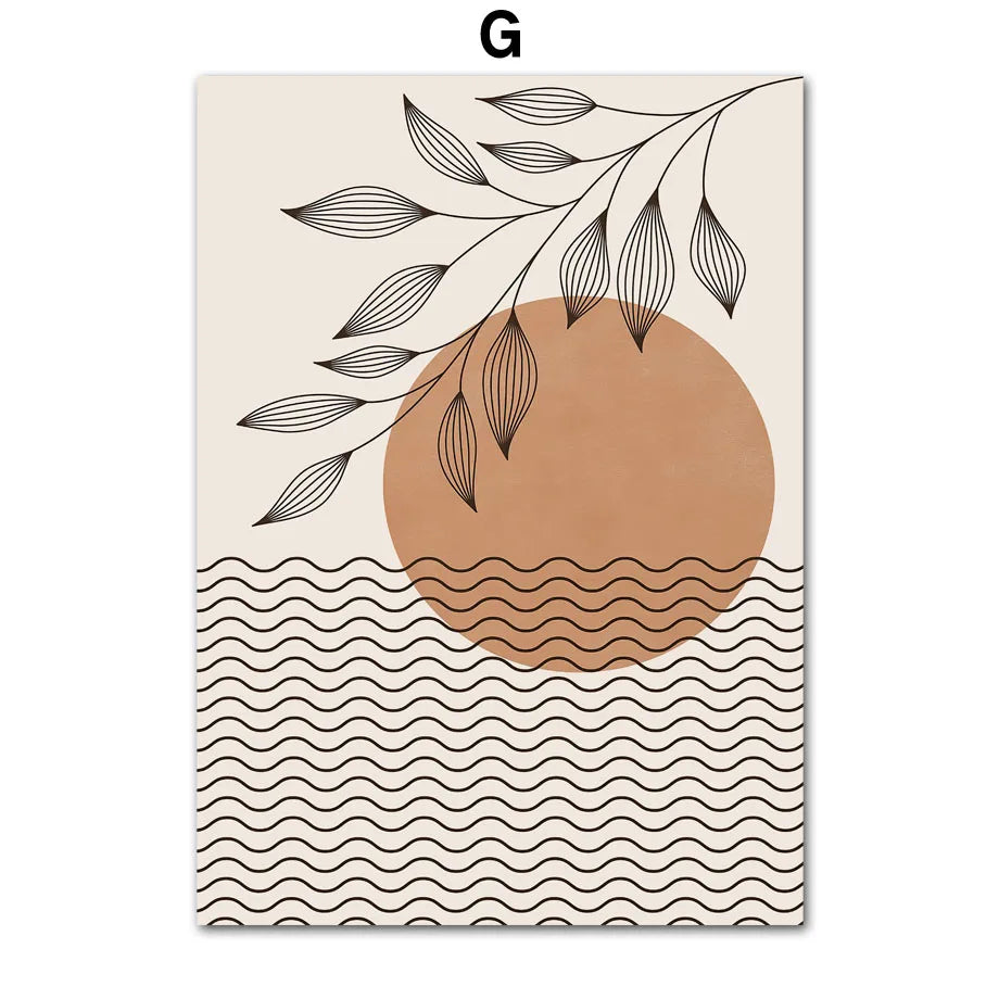 Abstract Girl Sun Lines Rainbow Leaf Wall Art Canvas Painting Boho Beige Posters Prints Pictures Living Room Interior Home Decor