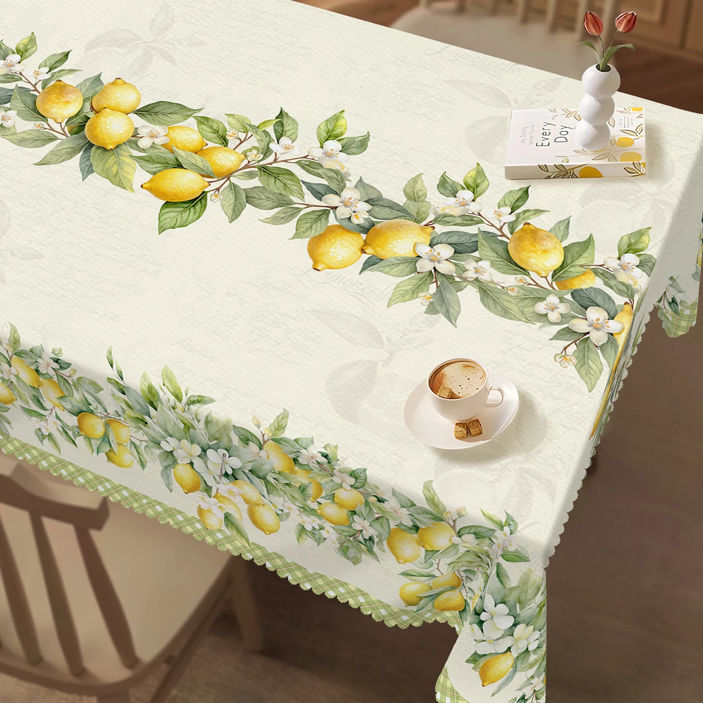 Summer Lemon Floral Buffalo Plaid Tablecloth Holiday Party Decor Retro Flowers Green Leaves Rectangle Table Cloths Home Decor