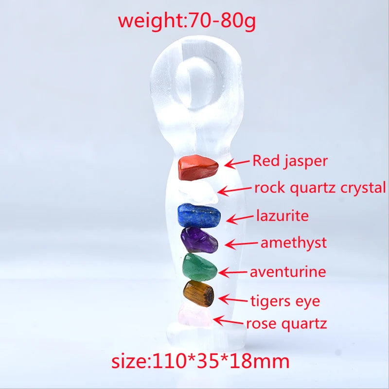 Healing Chakra Natural Selenite Goddess Statue With Seven Chakras Gravel And Plaster Egg Heart Shaped Bowl Lamp Around Gifts Box