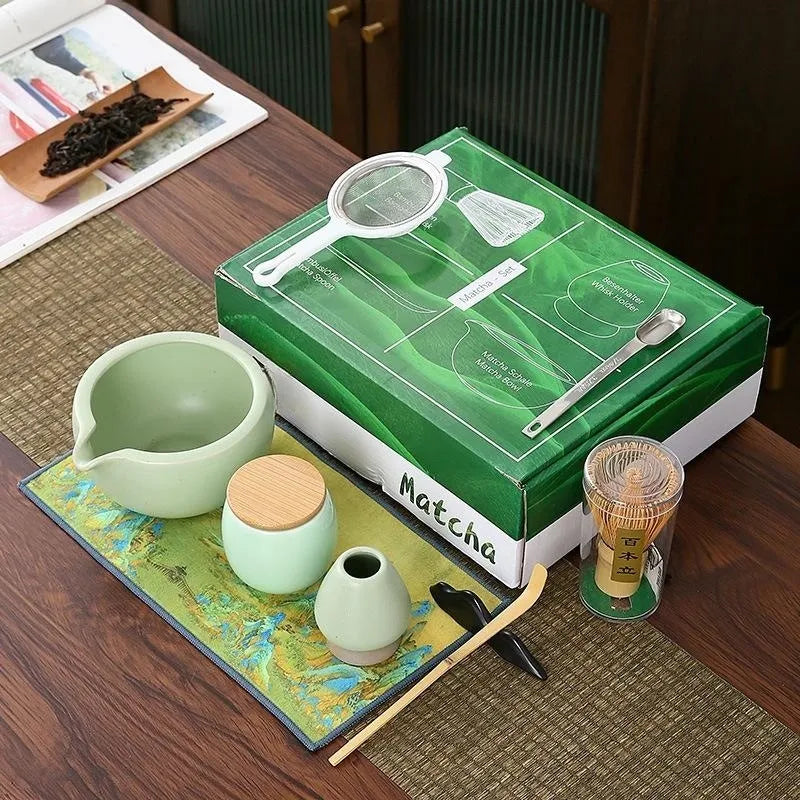 9pcs/set Japanese Ceramic Matcha Gift Box Green Tea Chasen Holder Stan