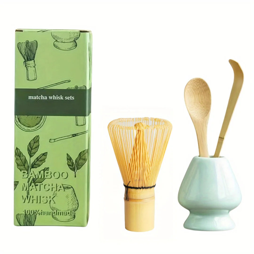 4pcs/set Matcha Set Bamboo Whisk Tea spoon Ceramic fittings Matcha Whisk (Chasen) Tea Spoon And Scoop (Chashaku) Tea-making Tool