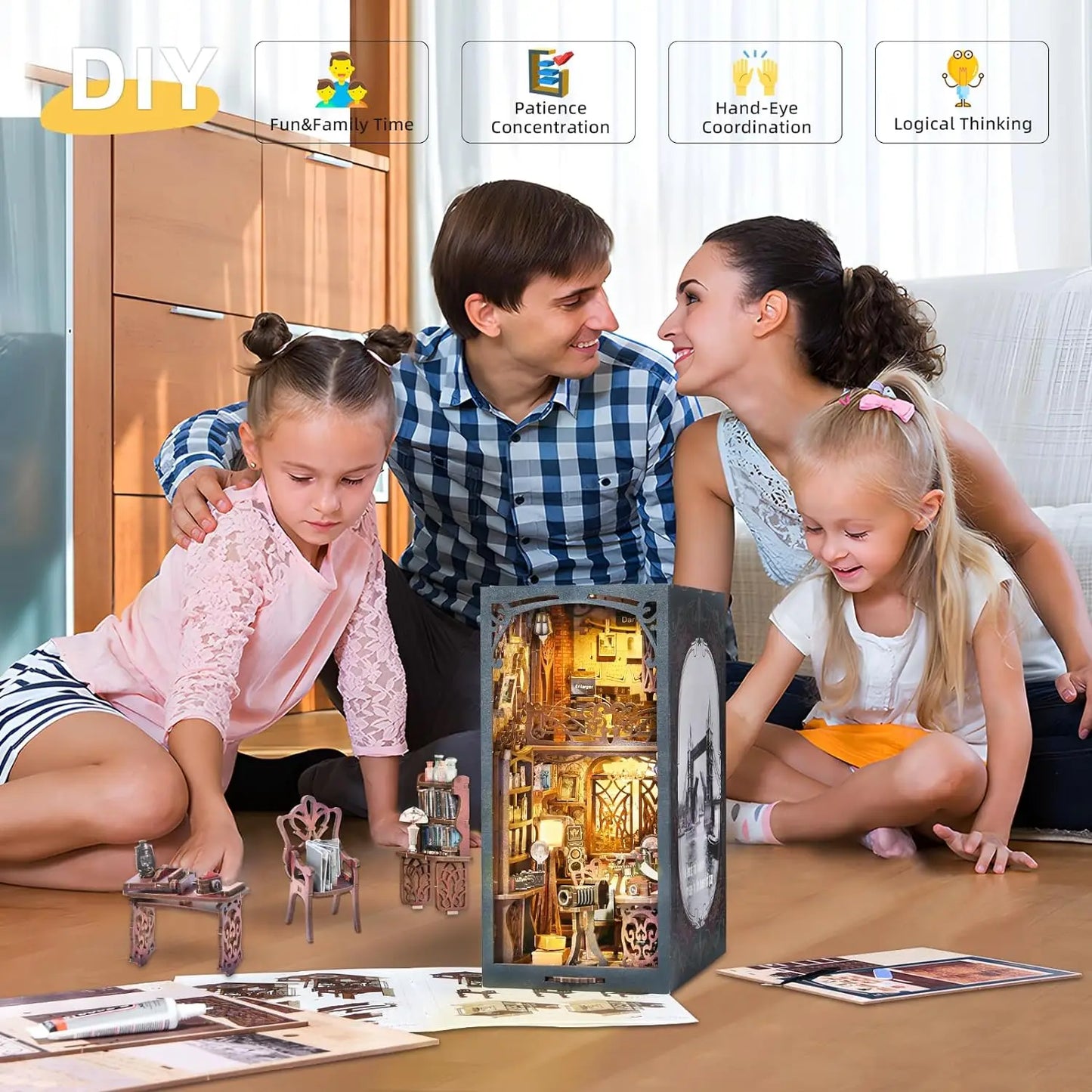 Book Nook Kit, DIY Dollhouse Booknook Bookshelf Insert 3D Wooden Puzzle Bookend for Book/Room Decor,Miniature Model House