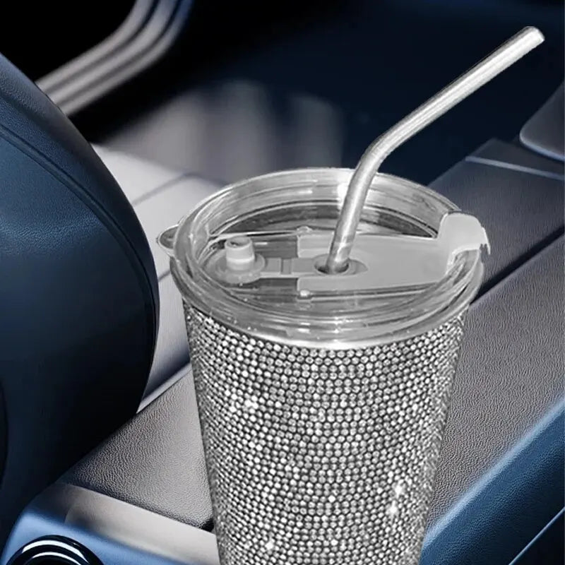1 PC Diamond Inlaid Beverage Cup Simple and Fashionable Stainless Steel Straw Coffee Cup with Diamond Inlay 550ml