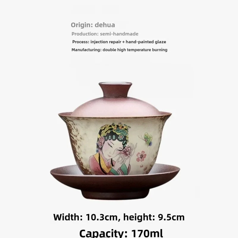 Handmade Ceramic Gongfu Tea Set, Chinese Bohemian Lid Bowl & Saucer, 170ml; Capacity, Artistic Tea Cup for Traditional Ceremony