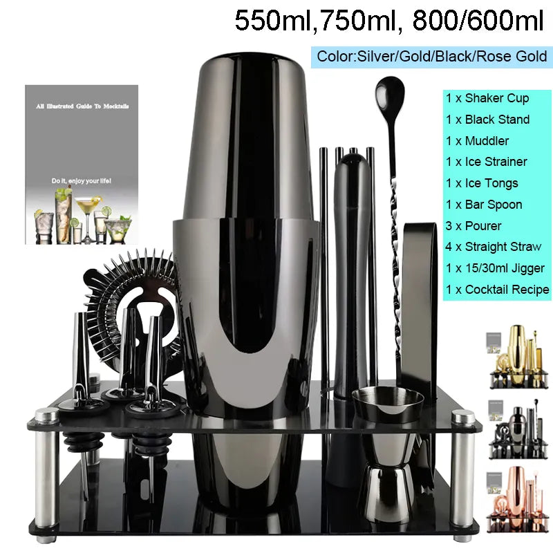 750ml/600ml Stainless Steel Cocktail Shaker Set Barware Tools with Wooden  Rack