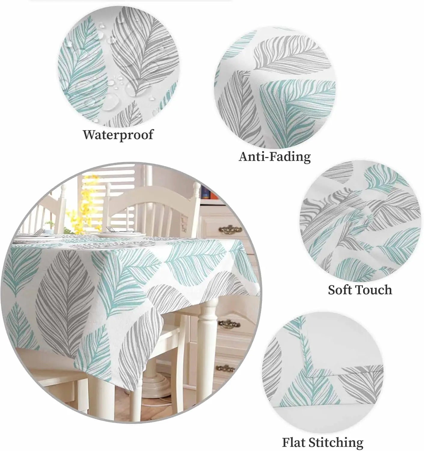 Teal Abstract Leaves Stripes Rectangle Tablecloth Holiday Party Decor Washable Kitchen Dining Table Cloths Outdoor Picnic Decor