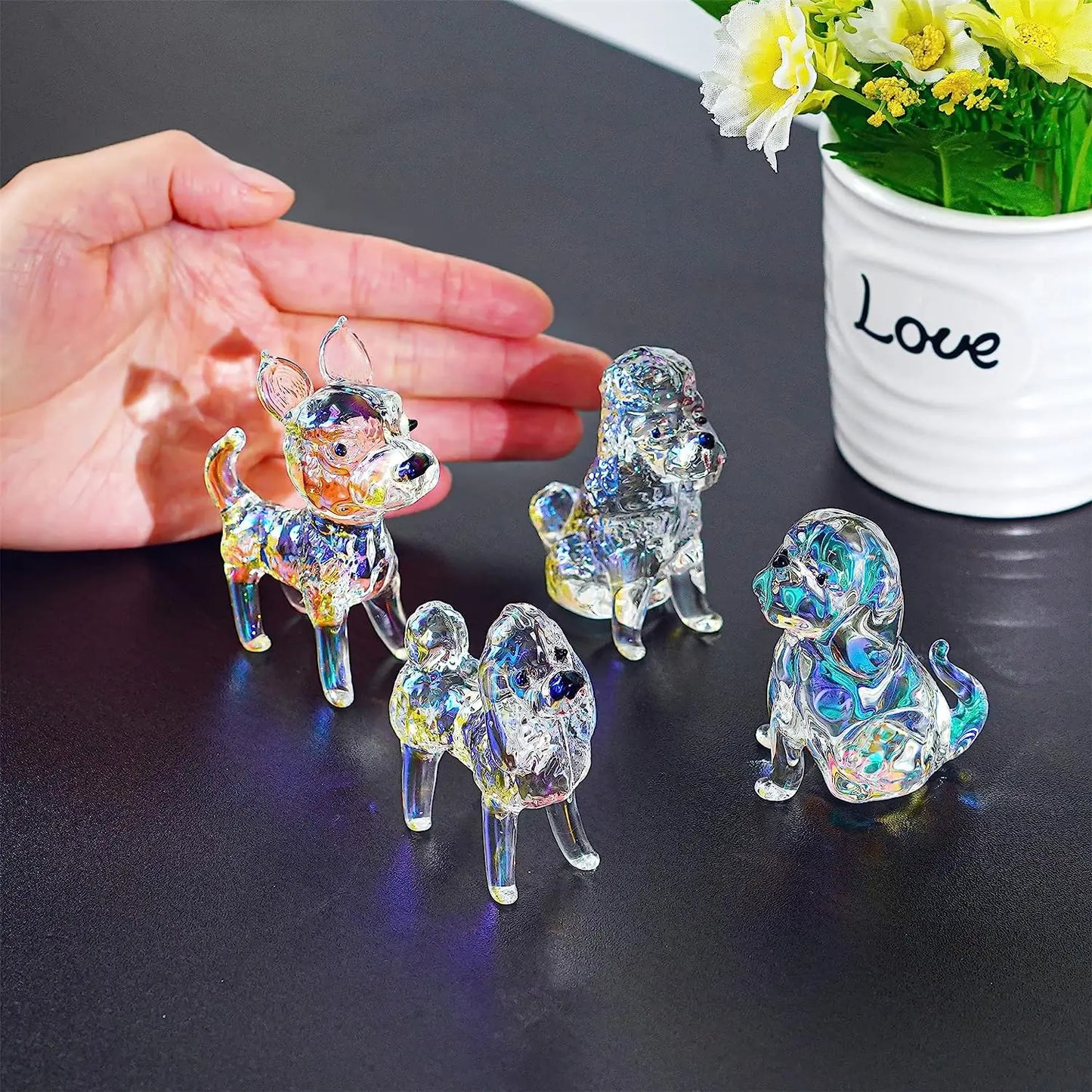 H&D 4 Different Shaped Crystal Dogs Figurines Art Glass Ornament Statue Animal Collectible Cute Paperweight Home Decorations