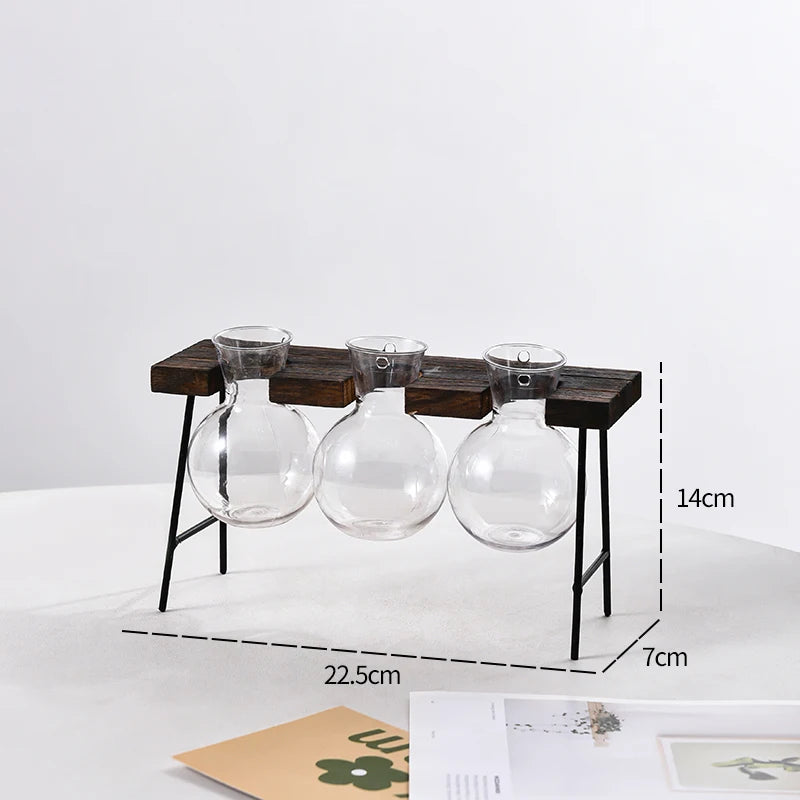 Creative Wooden Bench Hydroponic Plant Container Series Retro Light Bulb Vase Indoor Bonsai Home Desktop Decor Flower Pot