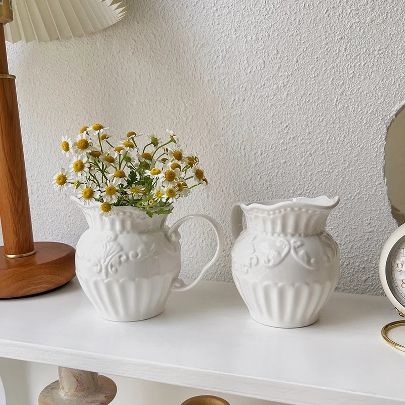 Fashion Retro Relief Ceramic Vase Living Room Desktop Decoration White Milk Pot Vase Home Decoration