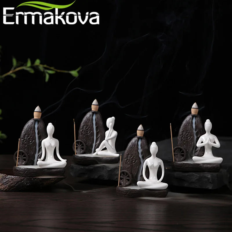 ERMAKOVA Ceramic Incense Burner Backflow Yoga Girl Censer Incense Cones Burner Towel Incense Stick Holder Home Yoga Studio Decor