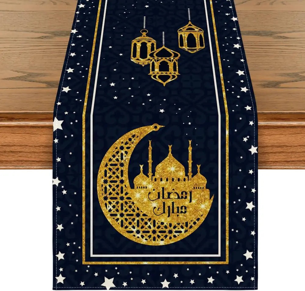 Ramadan White Moon Star Golden Linen Table Runner Holiday Party Decor Seasonal Spring Kitchen Dining Table Runners Table Decor