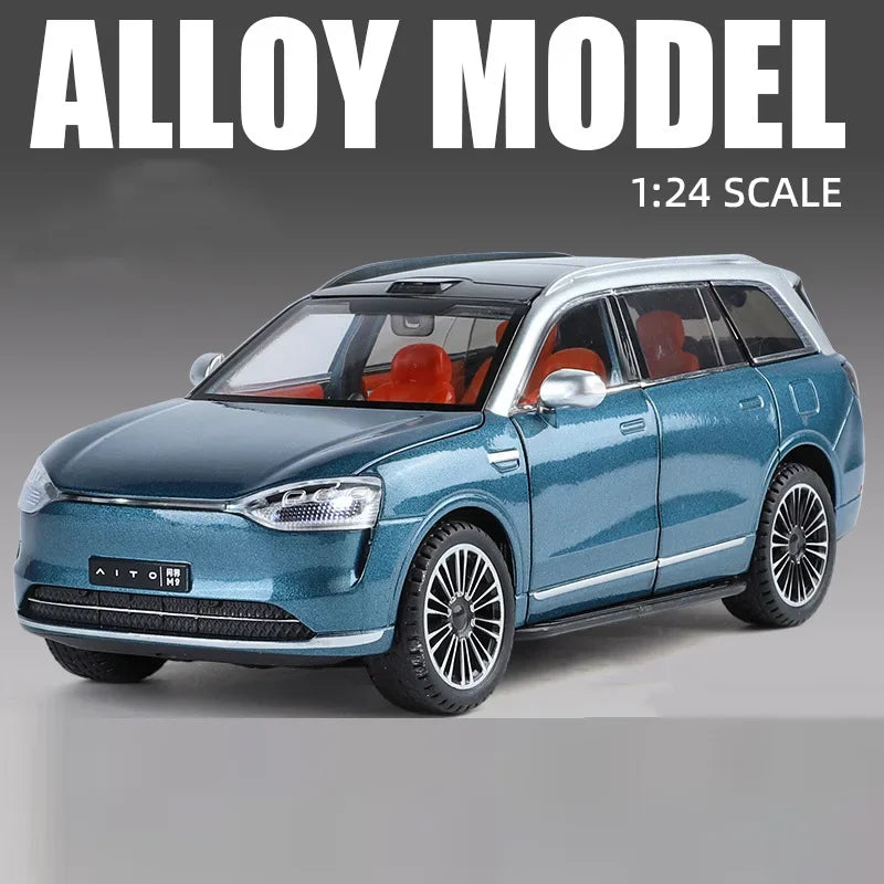 1:24 Scale SERES AITO M9 Cars Alloy Models Diecast Toy 6 Doors Opened SUV with Light Sound Vehicles Toys for Kids Festival Gifts