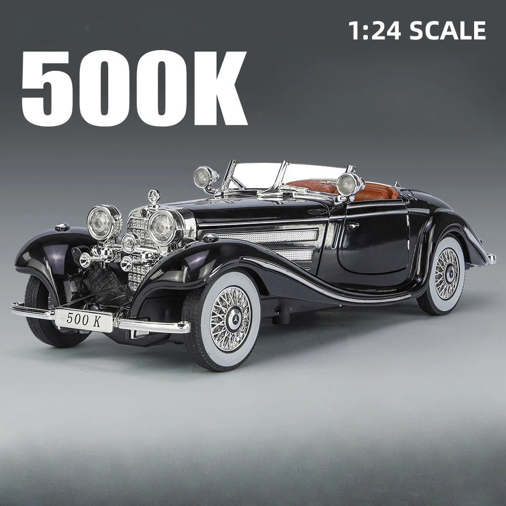 1/24 Scale 500K Vintage Car Model Toy Diecasts Alloy Sport Car Toys with Sound and Light Pull Back Vehicles for Children's Gifts