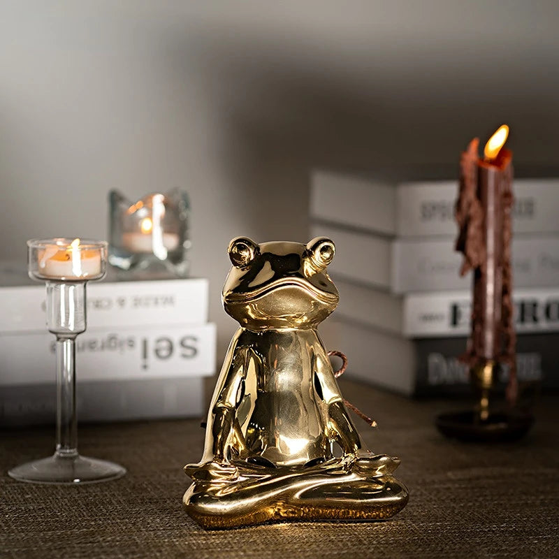 16X13X8cm Golden Yoga Frog Porcelain Cartoon Decoration Decorations Living Room Table Decoration Aromatherapy Decorations