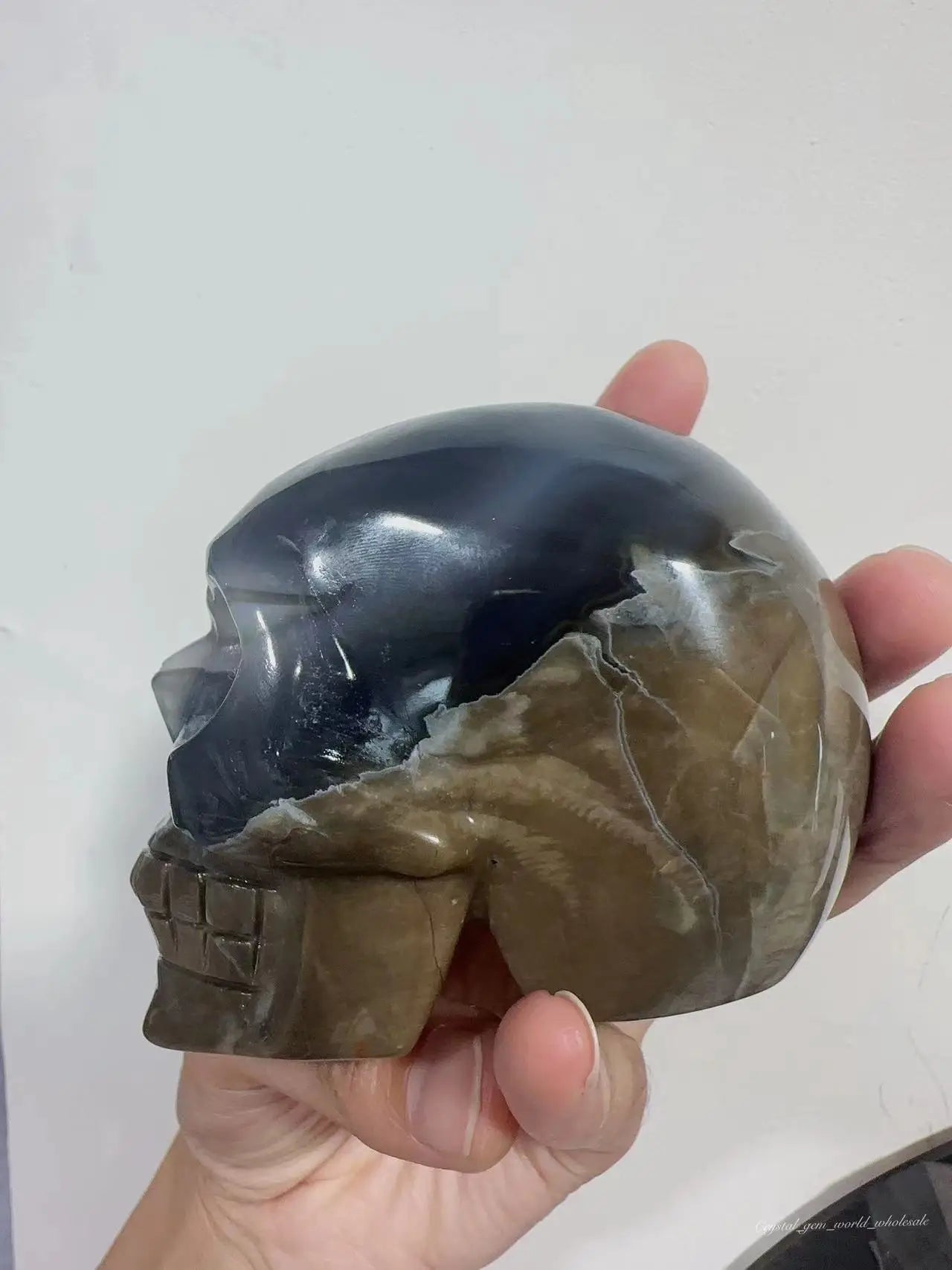 1PC Natural Valcano Agate Green Flame Hand Carved Skull Quartz Crystal Reiki Spiritual Healing Home Office Decoration Gem