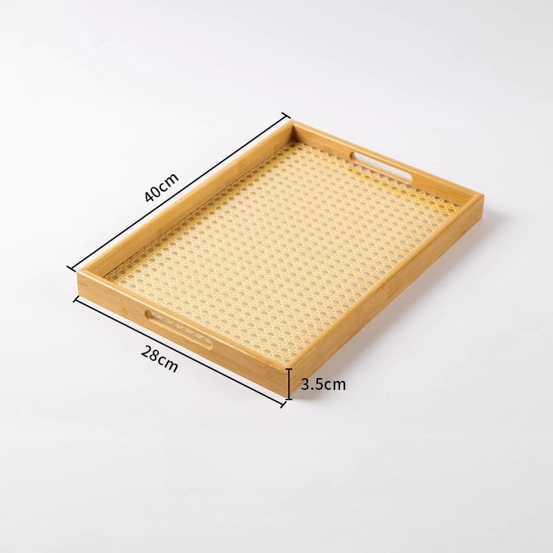 Rattan Bamboo Serving Tray with Handles Decorative Food Serving Trays Basket Serving Tray for Ottoman Coffee Table Kitchen Couch