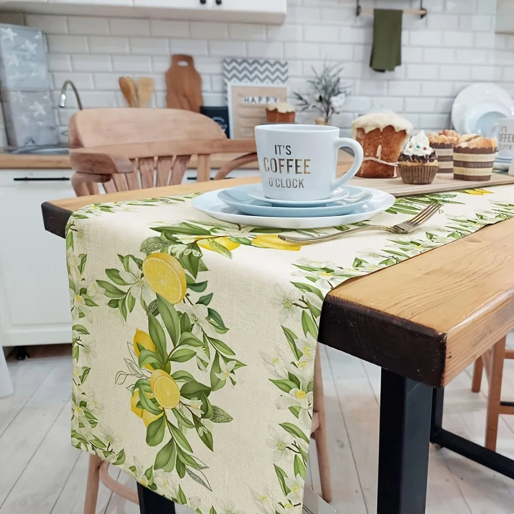 Spring Lemon Flowers Leaf Linen Table Runner Holiday wedding Party Decor Seasonal Summer Floral Plants Table Runners Table Decor