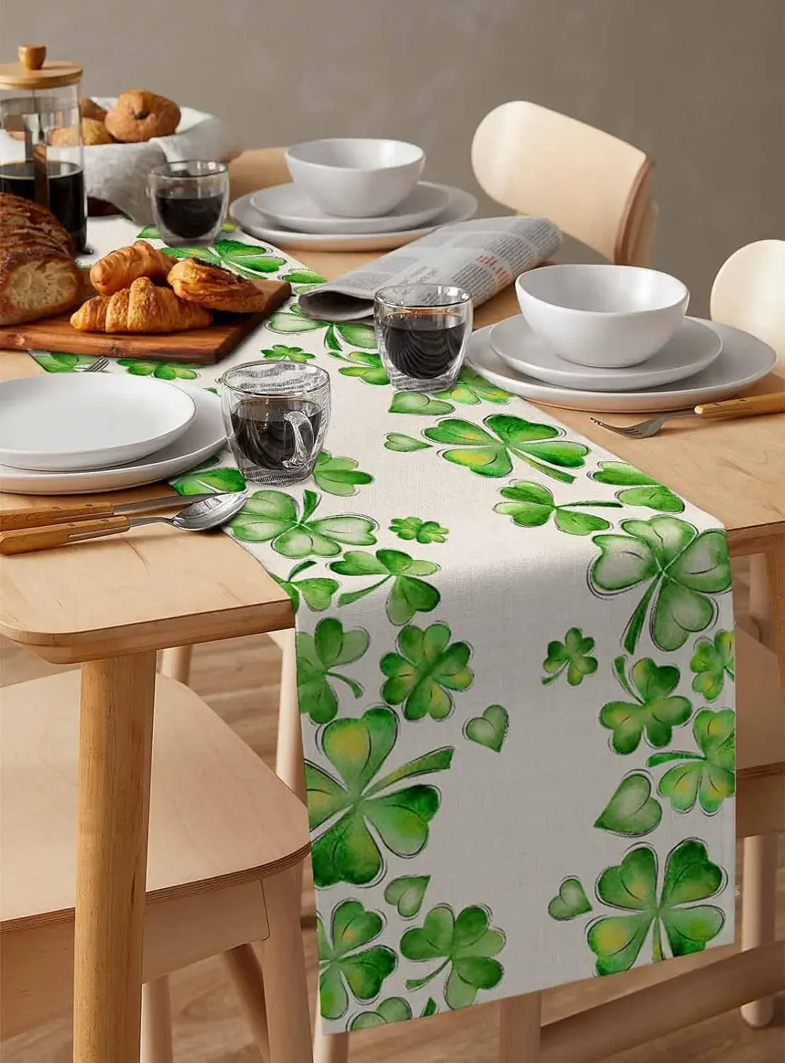 St. Patrick's Day Shamrock Linen Table Runner Dresser Scarf Seasonal Spring Lucky Clover Green Table Runners Dining Table Decor