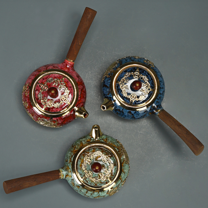 Unique Kung Fu Teapot Handmade GOLD Plated with Ebony wood side handle