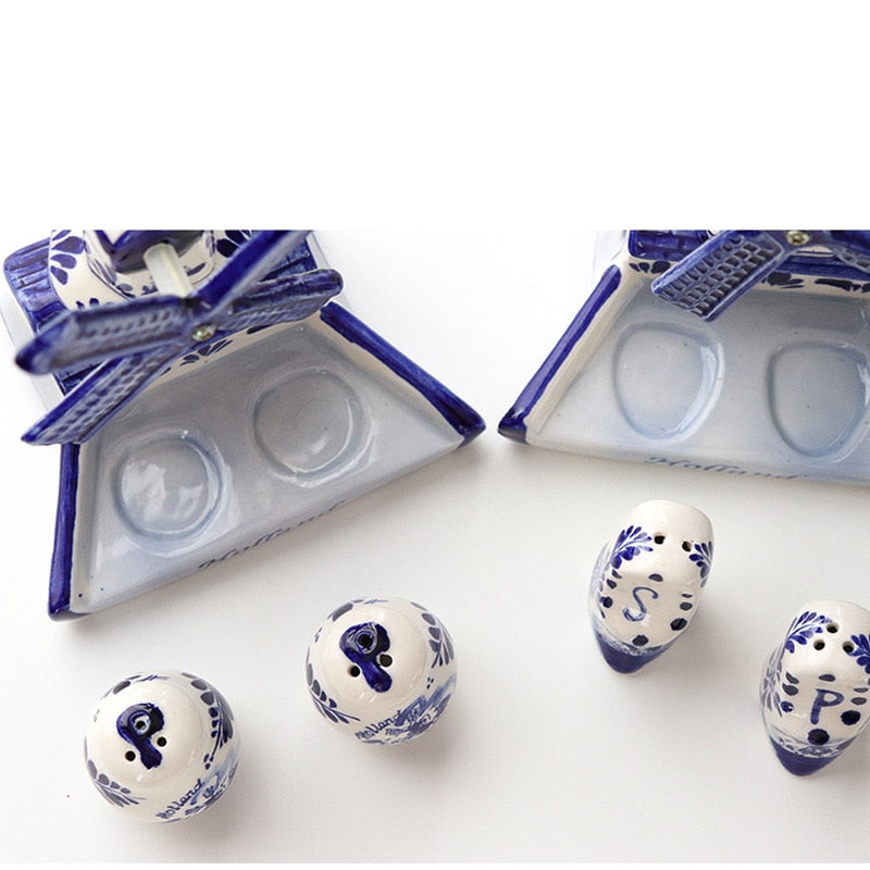 Medelhavet Retro handmålad blå väderkmilling kryddor keramik keramisk hemdekoration kök dekoration hushållsegåva