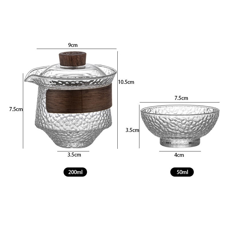 hmlove 3pcs 하이 붕소 실리콘 차 세트 2 컵 가이완 프로스트 투명 유리 휴대용 여행 Tureen 찻 주송 식 200ml