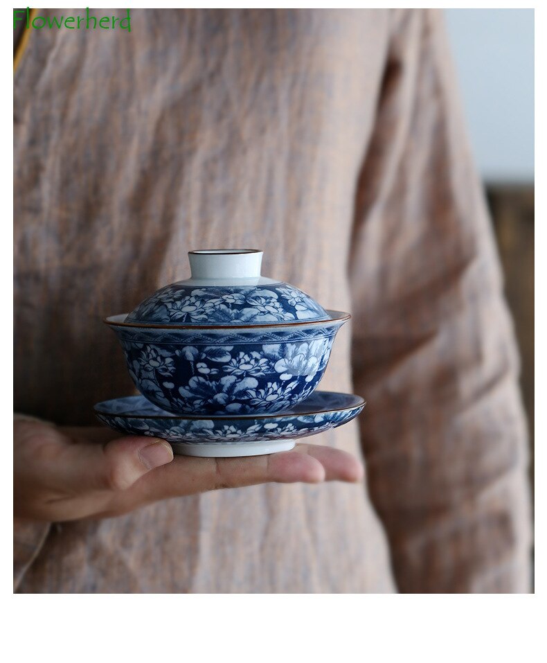 파란색과 흰색 도자기 가이완 찻 주송 찻잔 쿵푸 푸 푸 티 세트 세라마 흰색 도자기 Tureen Gaiwan Handpainted Tea Sets China